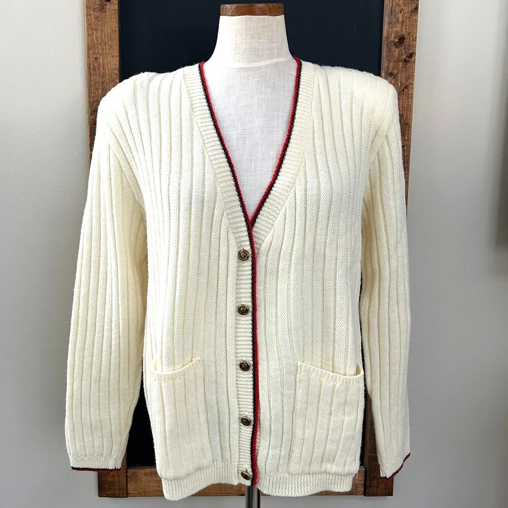 Vintage Jantzen Cream Ribbed Cardigan XL Tipped Trim Gold Buttons Tennis Prep